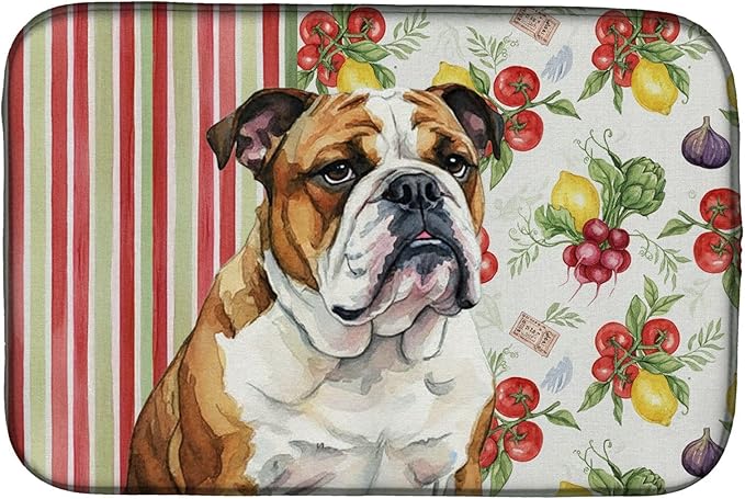 Caroline's Treasures Brindle and White English Bulldog Vegetables Dish Drying Mat Absorbent Dish Drying Mat Pad for Kitchen Counter Dish Drainer Mat for Countertop 14 x 21 Multicolor