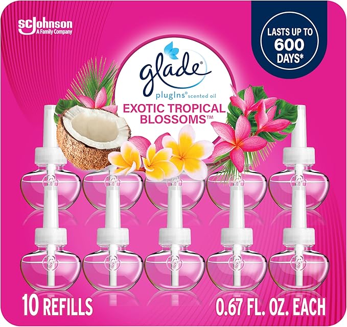 Glade PlugIns Refills Air Freshener Scented and Essential Oils for Home and Bathroom Exotic Tropical Blossoms 6.7 Fl Oz 10 Count