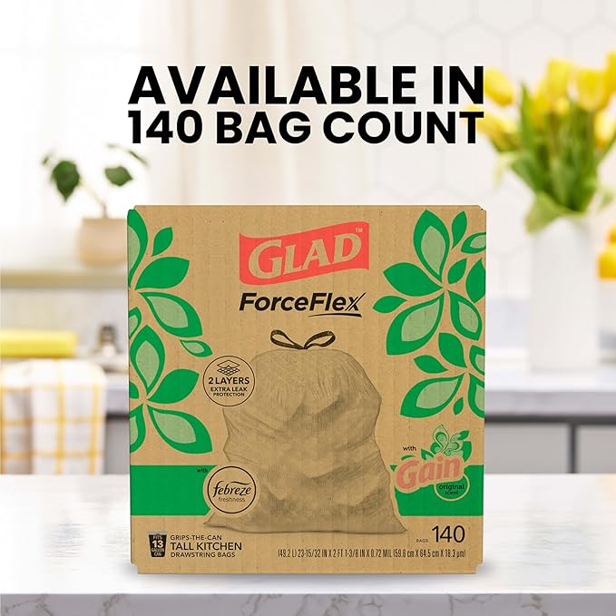 Glad ForceFlex Tall Kitchen Trash Bags13 GallonGain Original(Package May Vary)140 Count (Pack of 2)