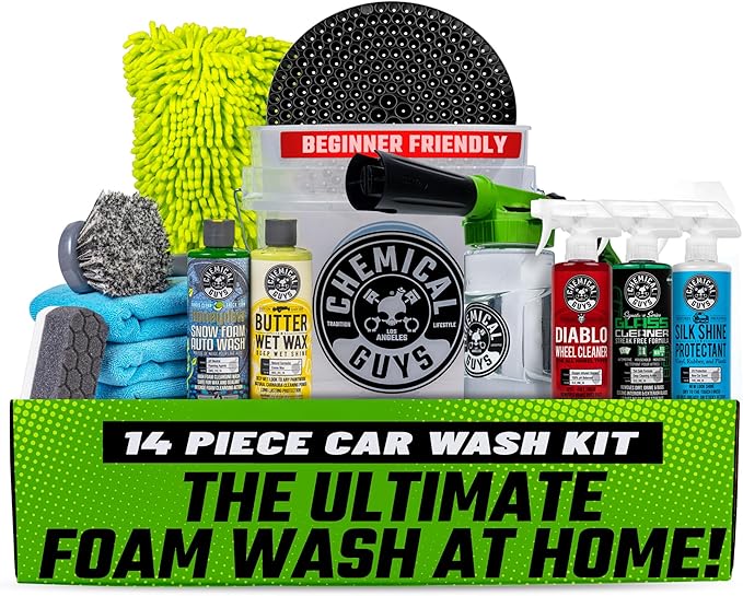Chemical Guys Car Wash Kit 14-Pc Arsenal Builder - with Foam Blaster Wash Bucket Towels Applicators and 16 oz Soaps Waxes and Cleaners - Complete Car Detailing Gift Set Works with Garden Hose