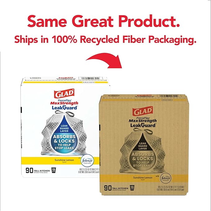 Glad ForceFlex MaxStrength LeakGuard Trash Bags 13 Gal Sunshine Lemon Scent 90 Ct (Pack May Vary)
