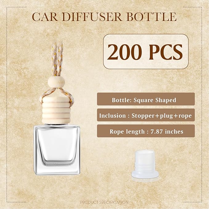 BBTO 200 Pcs Hanging Car Diffuser Bottles Bulk Empty Clear Glass Air Freshener Bottles with Wooden Cap for Perfume Essential Oils Fragrance Aromatherapy Ornament(Cube)