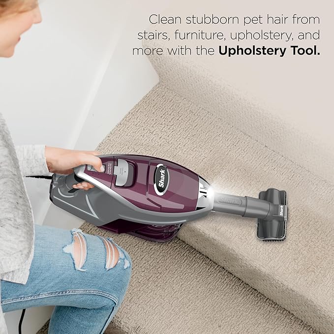 Shark HV322 Rocket Pet Plus Corded Stick Vacuum with LED Headlights XL Dust Cup Lightweight Perfect for Pet Hair Pickup Converts to a Hand Vacuum with (2) Pet Attachments Bordeaux/Silver