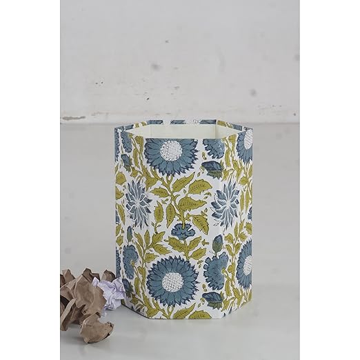 Floral Hand Block Printed 3.3 Gallon Decorative Waste Basket – Eco-Friendly Cardboard Trash Can Plastic-Free &amp Sustainable Perfect for Christmas and Housewarming Gifts (1 Green Blue FLOWAR)