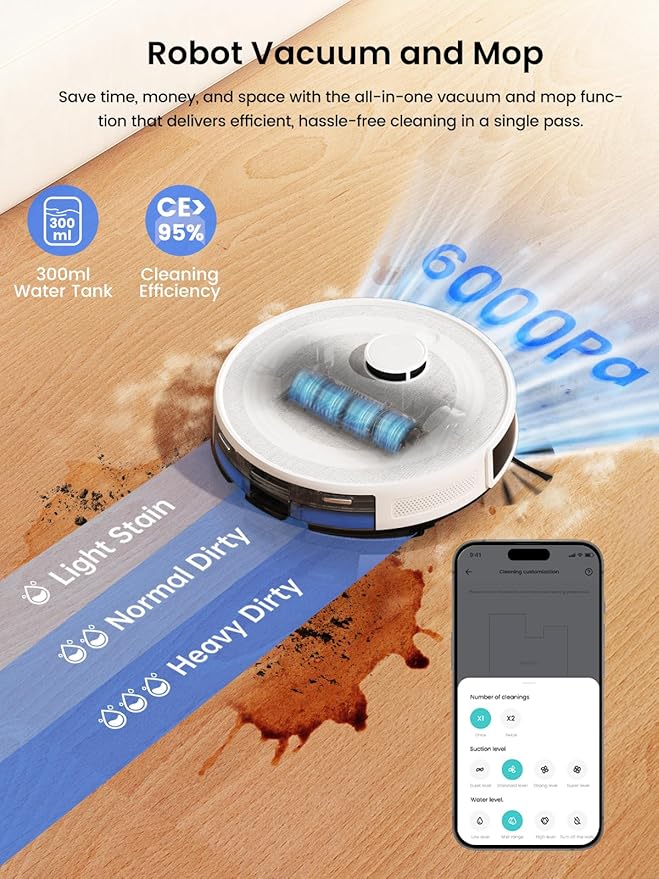 Lefant Robot Vacuum and Mop Combo 8 Weeks Self-Emptying with Dual Dustbin Options 6000Pa LiDAR Robotic Vacuum Cleaner with Precision Mapping 240mins Carpet Detection WiFi/App/Alexa M2S Pro