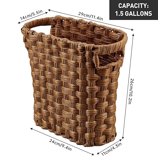Brown Wicker Waste Basket with Built-in Handles - Multifunctional Mini Wicker Trash Can for Home and Office - Compact Design and Durable Construction with Fine Artisanal Craftsmanship