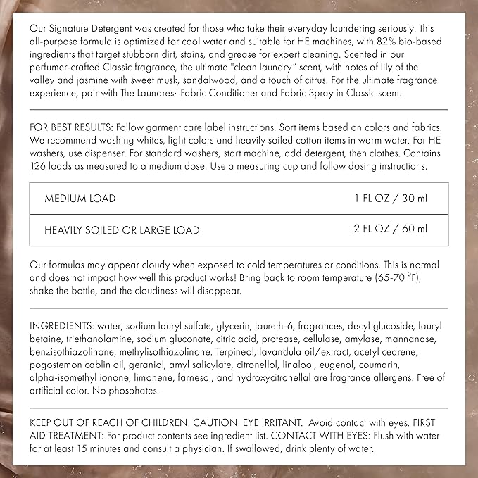 The Laundress Luxury Laundry Detergent Gallon Pump 126 Loads Scented Signature Classic Fragrance Concentrated Triple Enzyme Deep Cleaning and Targeted Stain Remover 96% USDA Biobased Product