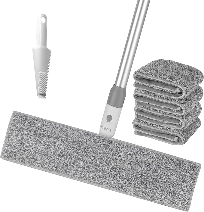 Flat Microfiber Mop for Floor Cleaning 15.7 in (40 cm) Aluminum Base 4-Section Aluminum Handle 52 in Dry &amp Wet Use 4 Washable Pads Debris Scraper – LJGG (Gray/White)