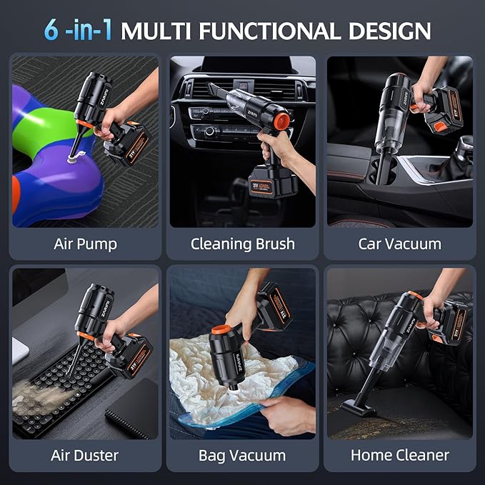 Car Vacuum Portable Cordless 50000Pa High Power Rechargeable Dust Buster with 2 Batteries &amp Charger 6-in-1 Handheld Vacuum Cleaners for Home Car Pet Hair Keyboard Graphite Black