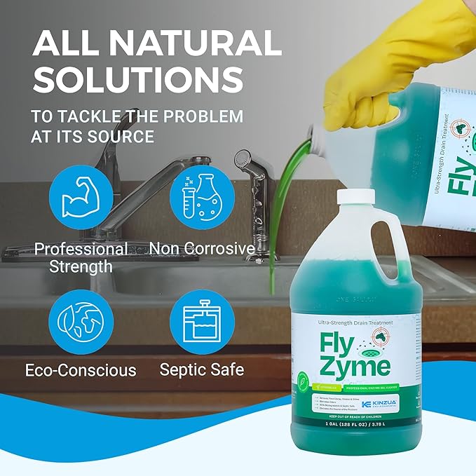 KINZUA ENVIRONMENTAL Fly-Zyme Highly Concentrated Enzyme Drain Cleaner for Pipes &amp Citronella Scented Organic Waste Degrader &amp Odor Neutralizer 1 Gallon