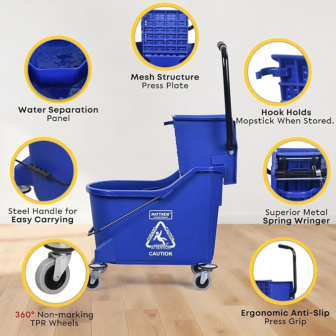 Matthew Cleaning Blue 44Quart Commercial Mop Bucket INCL.Wet String Mop&amp 19'' Industrial Wet Floor Sign with Side Press Wringer On WheelsTandem Portable Floor Cleaning WavebrakeIdeal for Househo