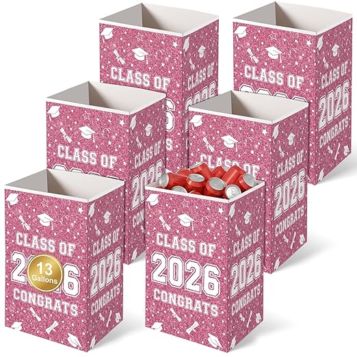Tinlade 6 Pack 2026 Pink White Graduation Decoration 13 Gallon Disposable Trash Cans Class of 2026 Party Garbage Bins Large Waterproof Foldable Recycle Pop up Bins for Graduation Party School