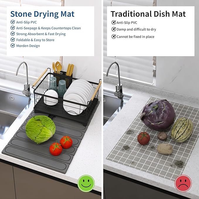 Hopegiver Stone Drying Mat for Kitchen Counter 24 x 16 Quick Dry Diatomaceous Earth Dish Drying Mat Super Absorbent Non-Slip &amp Foldable Modern Gray Carve Countertop Mat (GrayCarve24''x16'')