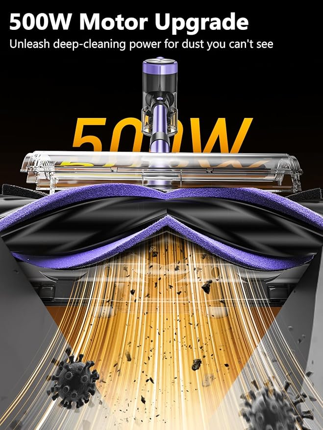 Cordless Vacuum Cleaner 55KPa/500W Stick Vacuum with 55 Mins Runtime Self-Standing Vacuum Cleaner for Home LED Display Anti-Tangle Brush Rechargeable Vacuum for Hardwood Floor Pet Hair (Purple)