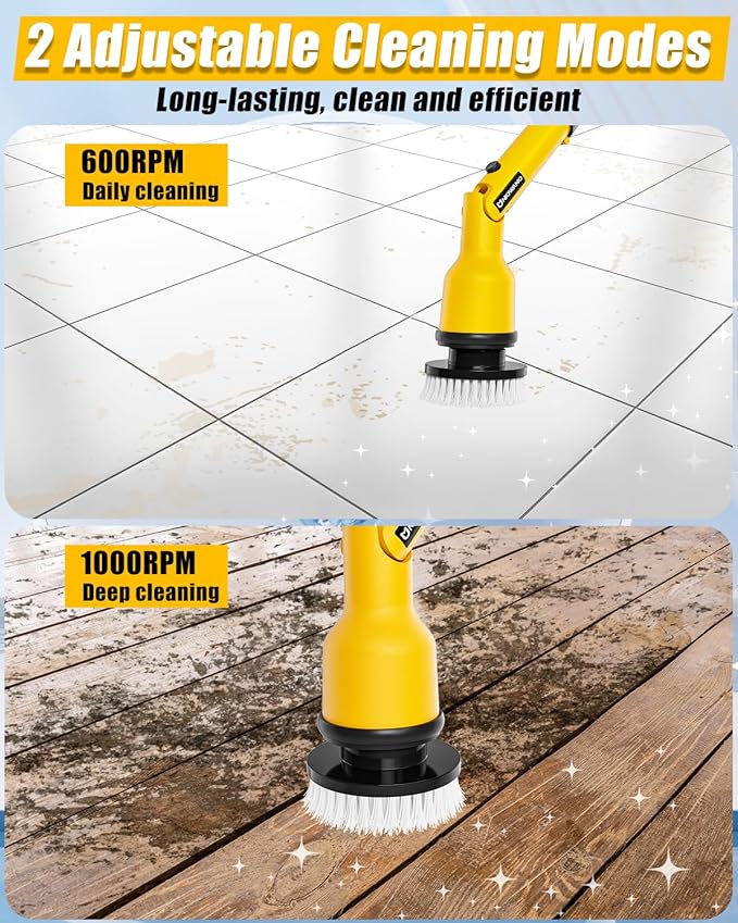 Electric Spin Scrubber Compatible for DeWalt 20V Battery(Battery NOT Included) 1000 RPM Battery Powered Scrubber with Adjustable Extension Arm &amp 8 Brushes &amp Hook Gloves for Tub/Tile/Floor