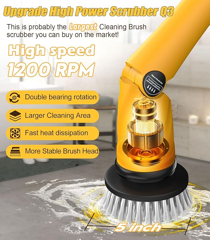 Qimedo Electric Spin Scrubber Extra Large Brush Q36000 mAh Best Battery Power Scrubber for Cleaning1200RPM Shower Cordless Cleaning Brush with 8 Brushes for Bath/Tub/Tile/Floor (Smart Display)