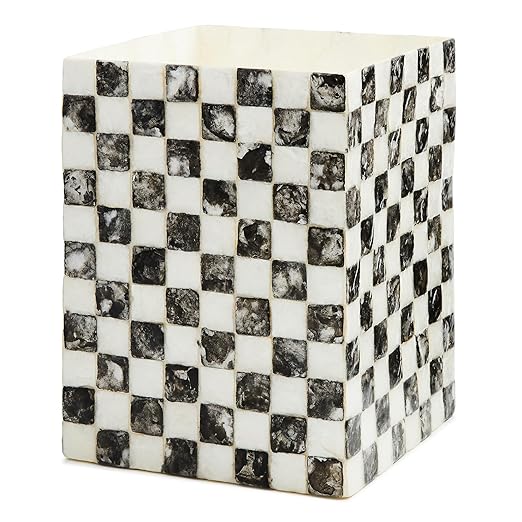 MACKENZIE-CHILDS Capiz Waste Bin Decorative Bathroom and Bedroom Trash Can Black-and-White Courtly Check
