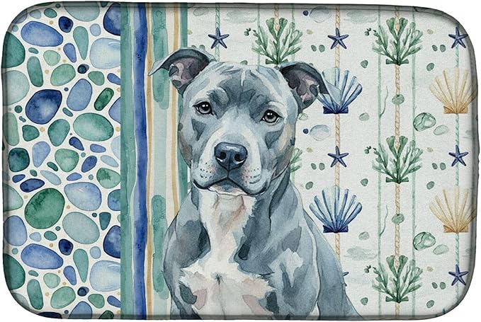 Caroline's Treasures Blue American Staffordshire Terrier Coastal Sea Glass Dish Drying Mat Absorbent Dish Drying Mat Pad for Kitchen Counter Dish Drainer Mat for Countertop 14 x 21 Multicolor