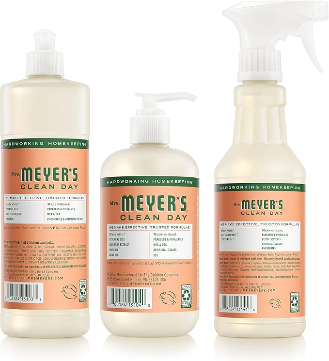 Mrs. MEYER'S CLEAN DAY Kitchen Basics SetGeranium Scent Cleaning Supplies includes Hand Soap (12.5 Fl Oz) Dish Soap (16 Fl Oz) and Multi-Surface Cleaner (16 Fl Oz)