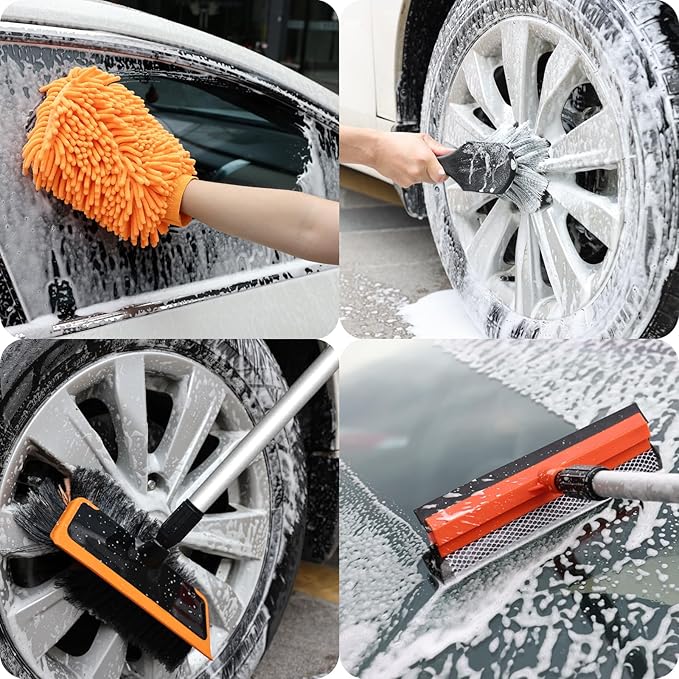 Wontolf 62'' Car Wash Brush with Long Handle Scratch-Free Soft Bristles Sturdy Car Wash Mop Complete Cleaning Brush Kit Wash Mitt Towel Windshield Squeegee Wheel Tire Brush for Car Truck RV Orange