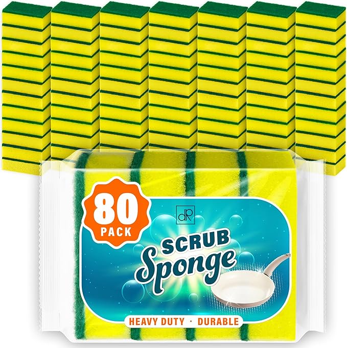 DecorRack 80 Count Non-Scratch Cleaning Scrub Sponges Dual-Sided Heavy Duty Kitchen Sponges for Dishes Cleaning Household Bathroom Car Wash - Yellow (Pack of 80)