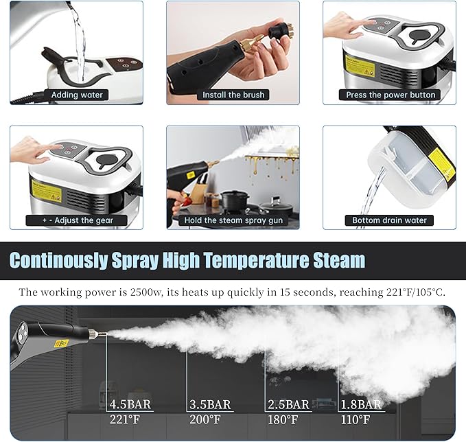 Powerful 2500W Handheld Steam Cleaner15s Fast Heat-Up &amp High-Pressure Steam 6-Level Adjustable Settings for Deep Cleaning on Floors Kitchen Bathroom Car Grout (White)