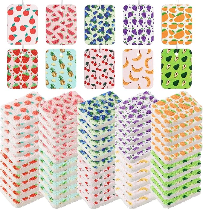 Maxdot 50 Counts Compressed Cellulose Sponges Bulk Fruits Pattern Natural Kitchen Compostable Non Scratch Dish Sponges for Washing DishesCleaning Countertop SinkKids DIY