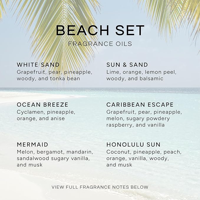 Eternal Essence Oils Beach Set of 6 Premium Fragrance Oils - Includes White Sand Ocean Breeze Honolulu Sun Mermaid Caribbean Escape and Sun &amp Sand Scented Oils - 10ML