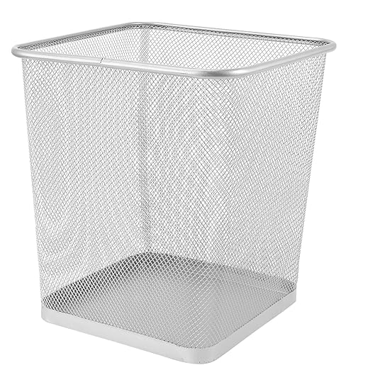 Metal Office Trash Can Small Square Silver Iron Mesh Waste Basket Bottom Paper Bin for Bathroom Bedroom Kitchen Living Storage