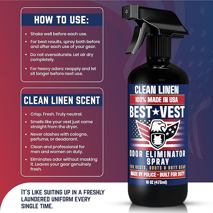Odor Eliminator Spray for Tactical Gear &amp Body Armor – Clean Linen 16 oz (2-Pack) Made in USA – Gift for Police &amp First Responders