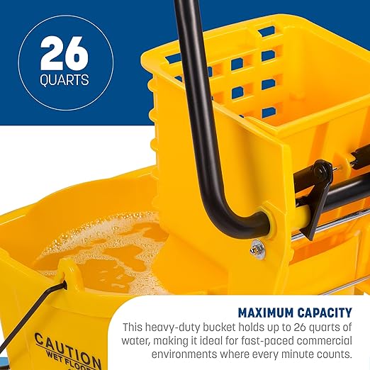 Carlisle FoodService Products 26-Quart Commercial Mop Bucket with Side-Press Wringer Precision-Molded Polypropylene Durable Wringer Bucket with Non-Marking Casters 18.5 x 16.5 x 23 Inches Red