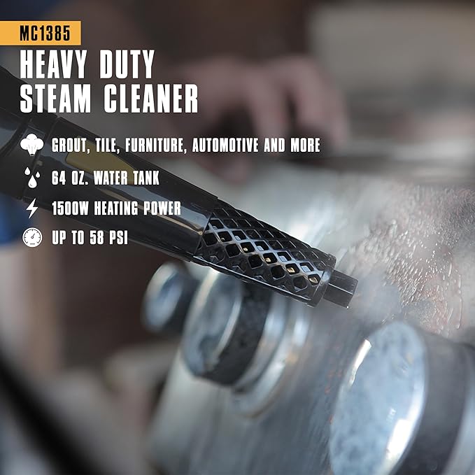 McCulloch MC1385 Deluxe Canister Steam Cleaner 2-Hour Runtime Chemical-Free 23 Accessories: Mop Head Brushes &amp More - Built for Home Tile Carpet Furniture &amp Personal Car Detailing