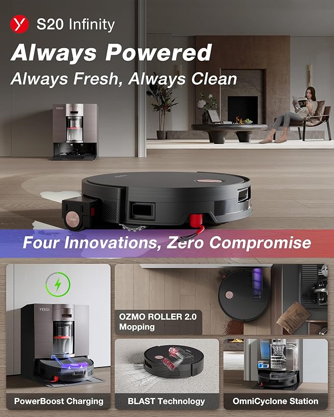 Yeedi S20 Infinity Robot Vacuum&ampMop with 19500Pa Blast Suction PowerBoost Charging OZMO Roller 2.0 Self-Washing Bagless OmniCyclone Station with Hot Mop Washing&ampHeat Drying AIVI 3D Naviga
