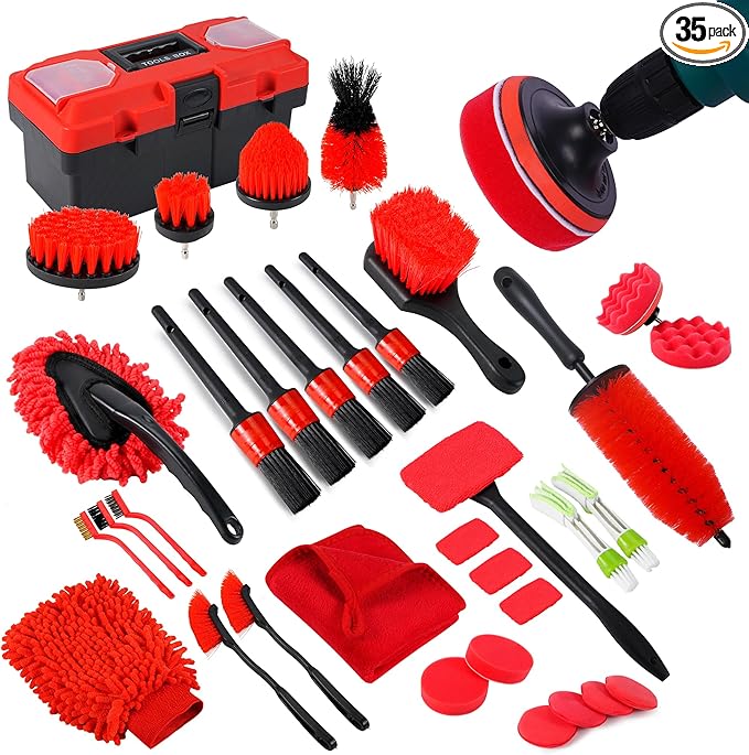 35Pcs Car Detailing Kit Car Cleaning Kit with Windshield Cleaning Tool and Tool Box Interior &amp Exterior Auto Care Supplies and Brushes (B：35PCS-R)