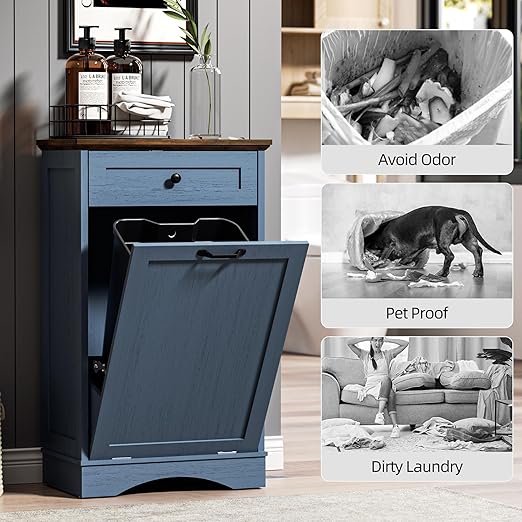 AHB 13 Gallons Tilt Out Trash Cabinet Hidden Trash Can Cabinet Freestanding Garbage Recycling Cabinet with Hideaway Drawer Pet Proof Trash Bin for Kitchen Living Room Blue