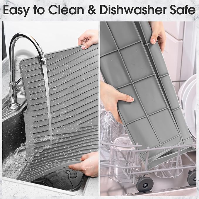 Extra Large Silicone Dish Drying Mat For Kitchen Counter Drying Pad 23.6 x 19 Inch Rubber Dish Drainer Mat with Drain Lip for Sink Drawer Liner(Grey)