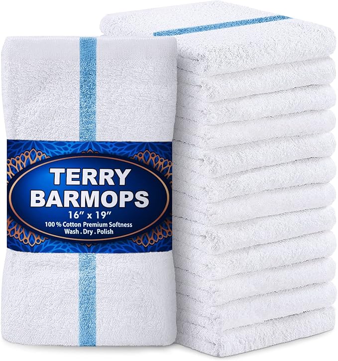 GREEN LIFESTYLE Blue Stripe Terry Kitchen Bar Mops 28 Oz- 16 X 19 inches Highly Absorbent Ultra-Light and Durable Pack of 12