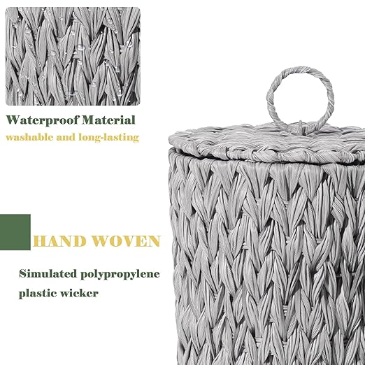 Plastic Wicker Trash Can with Lid - 2.6 Gallon Small Garbage Can with Removable Liner Bucket for Bedroom Bathroom Living Room - Boho Hand Woven Waste Basket for Home Office Grey