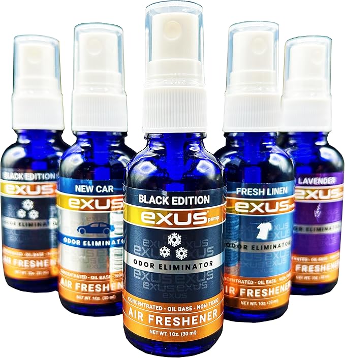 Exus Pump Spray Concentrated Oil Based Odor Eliminator &amp Air Freshener Use for house car bathrooms Kitchen office. Strong Air freshener Display Mix (20 Count)