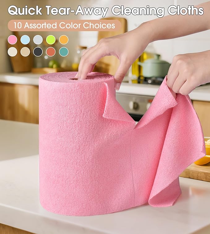 KitchLife Microfiber Cleaning Cloth Roll 100 Pack - Tear-Away Microfiber Paper Towels Lint-Free Reusable Washable for Kitchen Car Dishes and Sensitive Surfaces (Pink)
