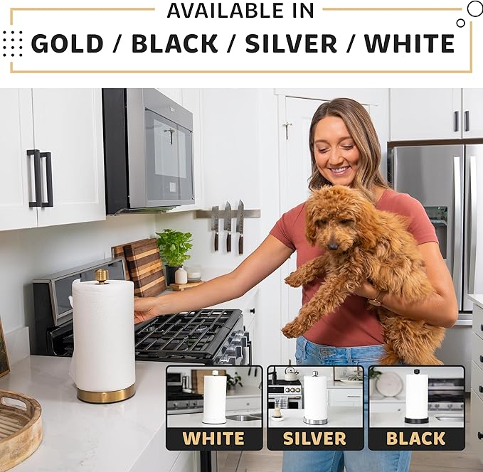 Heavy-Duty Stainless Steel Paper Towel Holder - Easy One-Handed Tear with Suction Cups - Modern Weighted Standing Countertop Dispenser for Kitchen - Holds All Paper Towel Rolls Gold