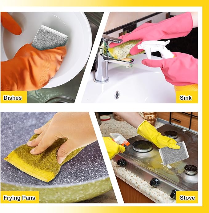 Thyle 24 Pack Steel Scrub Sponges for Dishes Non Scratch Scouring Sponge Multi Use Metal Scrubber Heavy Duty Dish Wash Kitchen Sponge for Pot Dish Washing Hard Surface Cleaning Tools (GrayYellow)