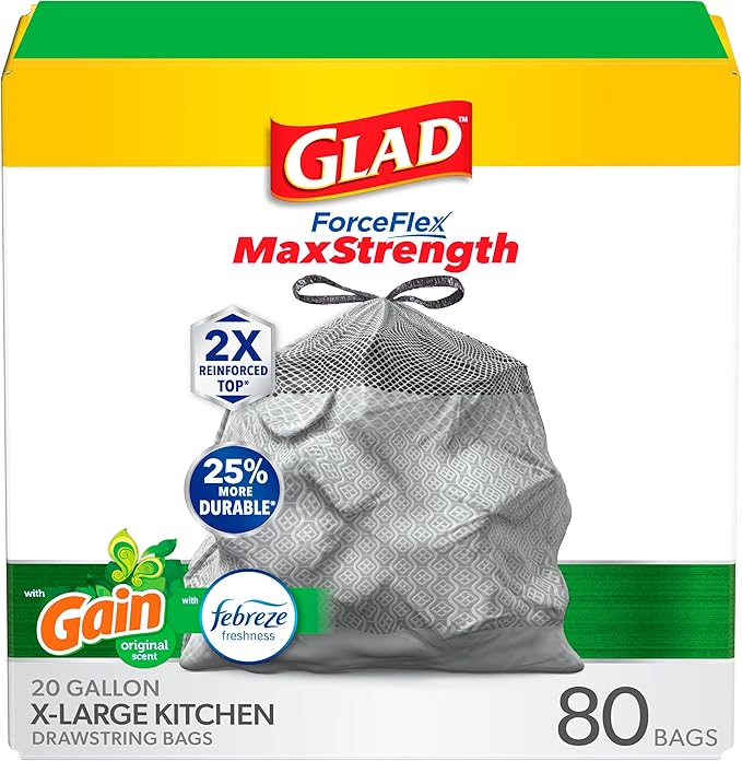 Glad ForceFlex MaxStrength Drawstring XL Kitchen Trash Bags 20 Gal Gain 80 Ct (Package May Vary)