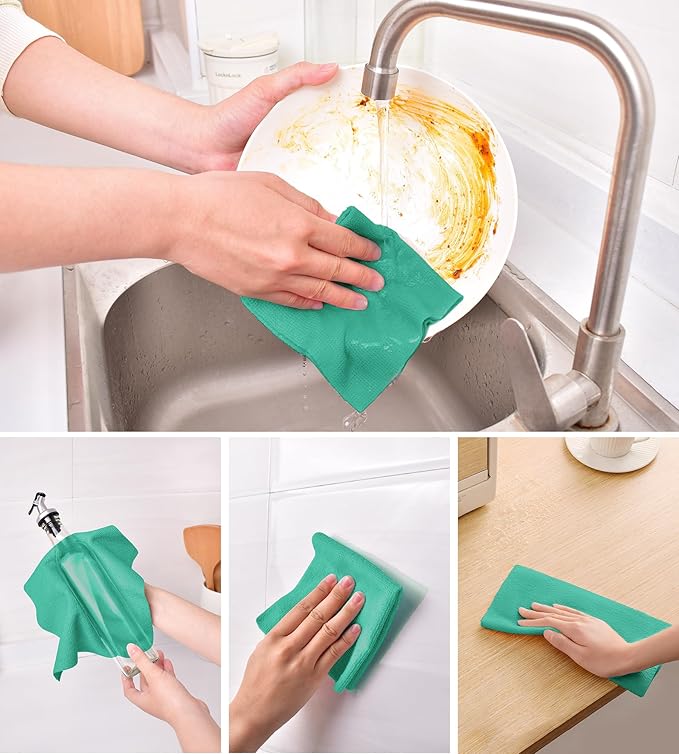 KitchLife Microfiber Cleaning Cloth Roll 100 Pack - Tear-Away Microfiber Paper Towels Lint-Free Reusable Washable for Kitchen Car Dishes and Sensitive Surfaces (Forest Green)