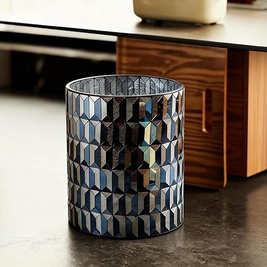 Escenzy Modern Bathroom Trash Can Mosaic Glass 5L | Decorative Small Garbage Can | 8 x 10 | Luxury Waste Basket for Restroom Office Bedroom &amp Kitchen | Shiny Black and Gold Bathroom Accessorie