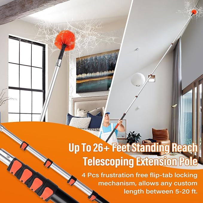 26 FT Cobweb Duster with Extension PoleSpider Web Brush with Pole Extend 5-20FTSpiderweb Cleaner with 4-Stage Telescopic Aluminum PoleSpider Brush Cobweb for Outdoor &amp Indoor Cleaning