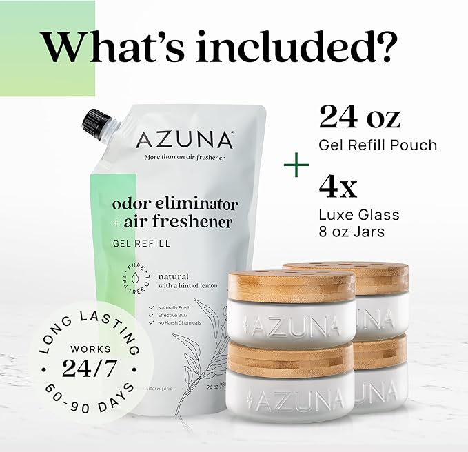 Azuna Air Freshener &amp Odor Eliminator for Strong Odor | 4 Room Kit Includes (4) 8 oz. Empty Luxe Glass Jars &amp 24oz Gel | Refill with Tea Tree Essential Oil | Natural Scent | Last 60-90 Days