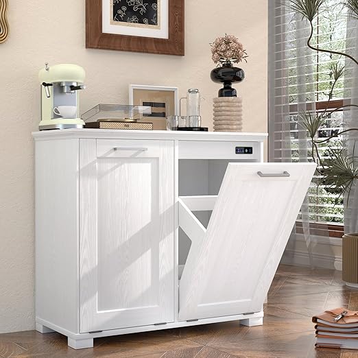 Tilt Out Trash Can Cabinet Wooden Trash Cabinet with Deodorising Function 20 Gallons Freestanding Dog-Proof Garbage Bin Cabinet for Home Laundry Room Kitchen and Living Room White Finish