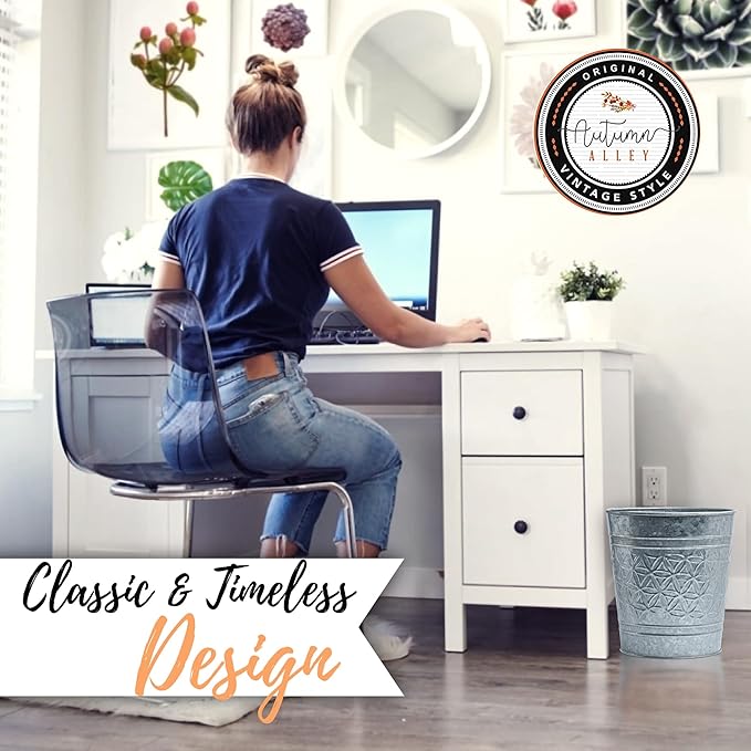 Autumn Alley Farmhouse Bathroom Trash Can Garbage Can Round Open Top Garbage Basket Bin for Home Office Rustic Trash Can Cute Decorative Wastebasket Rustic Bathroom Decor Galvanized