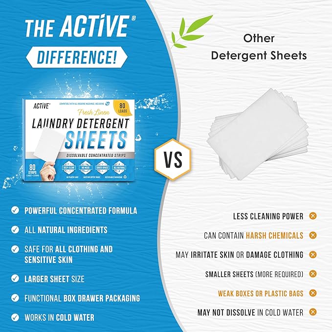 ACTIVE Enzyme Laundry Booster and Fresh Linen Laundry Detergent Sheets - Includes 80 Loads of Detergent Sheets and 64 Loads of Laundry Detergent Boosting Powder
